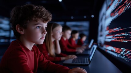 coding kids' innovation: a group of young children, immersed in a futuristic setting, diligently cod