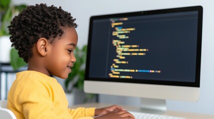 Young Coder: A young boy with curly hair engrossed in coding on a desktop computer, the monitor displaying lines of code, highlighting the intersection of youth and technology.