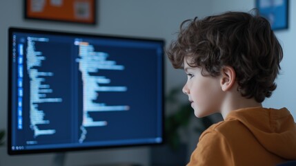 Coding Prodigy: A young boy, engrossed in programming, gazes intently at the computer screen displaying lines of code, showcasing his interest in technology and the future