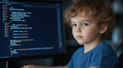Future Coder: A young boy sits in front of a computer monitor displaying lines of code, his focused gaze revealing a budding interest in technology and programming.