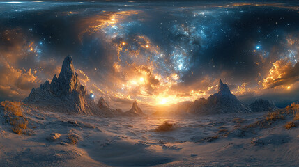 Wall Mural - stunning celestial sunset over alien landscape outer space digital art cosmic environment panoramic 