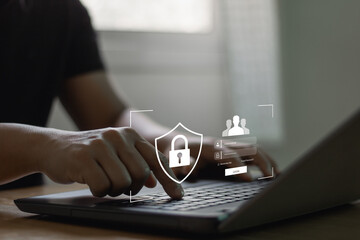 Aufkleber - Cyber security and privacy concepts to protect account data. Lock icon and internet network security technology. Businessmen protecting personal data access on laptop computer and virtual interfaces.