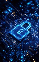 Wall Mural - digital security concept with glow lock over circuit board background representing data protection a