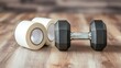 © Pannee - A pair of dumbbells next to a roll of athletic tape.
