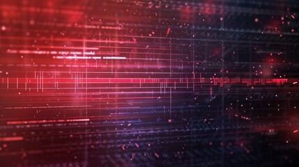 Abstract digital matrix visualization with glowing red and blue grid lines on dark background. Futuristic technology concept with luminous particles and geometric network pattern creating depth 