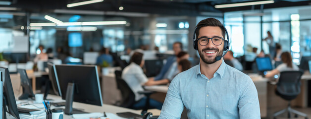 A smiling office worker wearing a headset, sitting at a desk in a modern call center