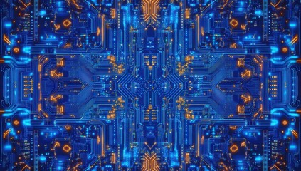 Wall Mural - intricate abstract digital circuitry design with blue and orange lights and patterns for technology,