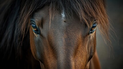 Poster - Close up view of a horse showcasing its expressive eyes and beautiful features in natural light. Generative AI