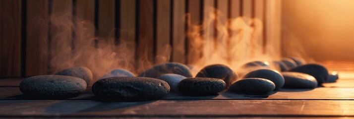 Poster - Warmth and serenity from steam rising off hot stones in a tranquil sauna environment