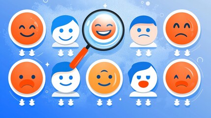 Wall Mural - minimal concept of happy customer review highlighted, magnifying glass over a bright smiling emoji, 