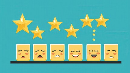 Wall Mural - minimal concept of customer feedback ranking, cube blocks with different facial emotions beside star