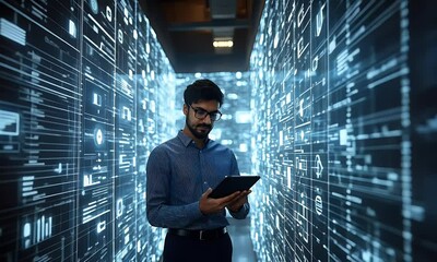 A person interacting with digital data in a futuristic environment.