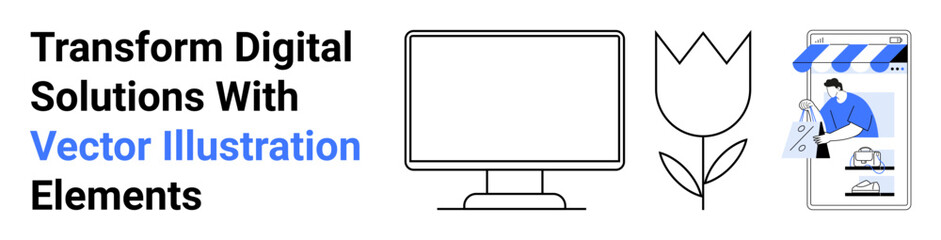 Desktop monitor, minimal flower design, e-commerce shopfront, person designing on tablet. Ideal for tech, e-commerce, creativity, graphic design, innovation branding flat landing page banner
