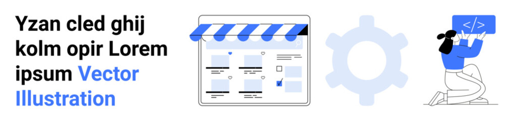 Developer coding on laptop beside storefront, gear symbol, and website screen, representing web development. Ideal for ecommerce, technology services, digital marketing, coding education, online