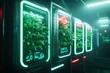 © Thammarong - A cyberpunk-themed carbon-neutral city with glowing green neon signs promoting sustainability, futuristic renewable energy systems, and vertical gardens on sleek skyscrapers