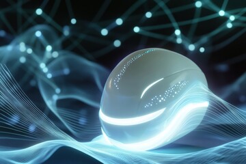 Poster - Smart neurostimulation helmet promotes hair growth with gentle light and animated wave signals for enhanced results in a modern setting