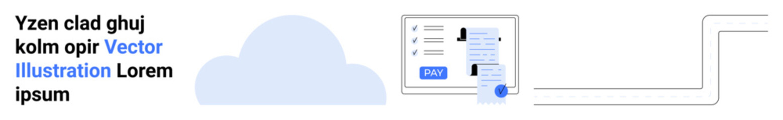 Digital document interaction with send button, connected cloud for data flow and storage. Ideal for technology, communication, email, file sharing, cloud solutions, data transfer, abstract line flat