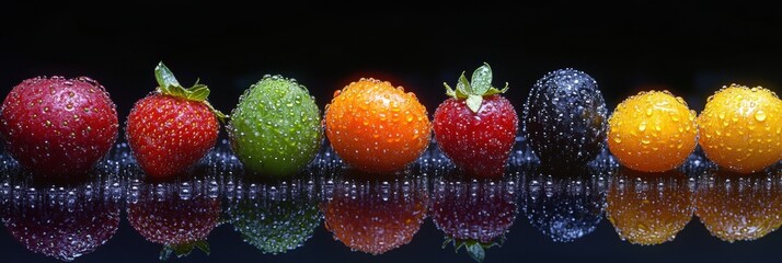 Leinwandbilder - Fresh fruits with water droplets reflecting beautifully on a dark surface in a neat line during daytime. Generative AI