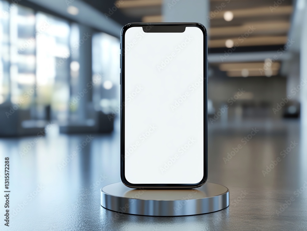 Smartphone with blank white screen on metallic stand in a modern ...