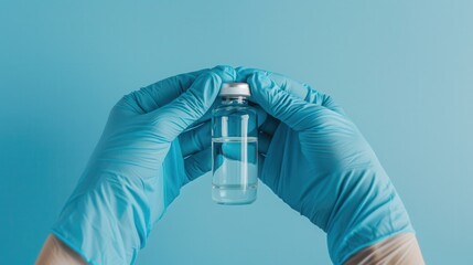 Poster - Hands in blue medical gloves hold a clear vial of liquid against a blue background for laboratory examination and analysis