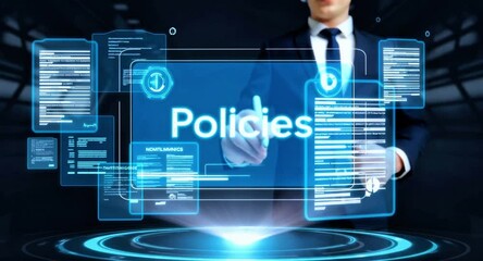Business man pressing a digital virtual screen display button for planning policies of a company with icons, checklists, certifications, and financial details, management, regulatory holograph icon   