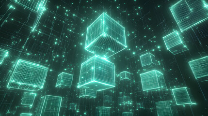 Wall Mural - A high-tech, futuristic digital representation of interconnected cyber cubes floating in a virtual environment