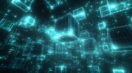 Wall Mural - An abstract digital artwork featuring glowing cyber cubes suspended in a high-tech, immersive environment