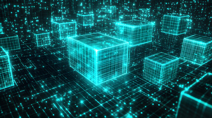 Wall Mural - A high-tech digital landscape featuring glowing blue cubes interconnected in a cybernetic grid