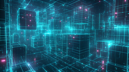 Wall Mural - A visually stunning representation of interconnected digital cubes illuminated with a blue cybernetic glow