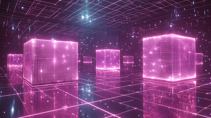 Wall Mural - A mesmerizing neon-pink digital landscape featuring glowing holographic cubes set against a cyber grid