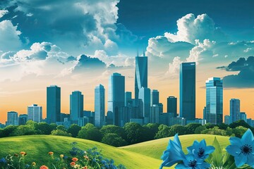 Wall Mural - Vibrant Contemporary Collage of Urban Summer Skyline Featuring Green and Blue Nature Elements