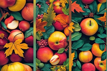 Wall Mural - Autumn Foliage and Ripe Fruits Vertical Banner Design in Retro Colors for Seasonal Decor