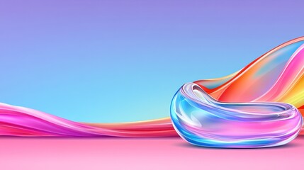 Decorative transparent bowl on pink backdrop with abstract colorful stripe for digital marketing use
