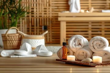 Aufkleber - Relaxation setup featuring sauna accessories including towels, slippers, essential oils, and candles for a soothing atmosphere