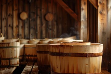 Poster - Wooden tubs and buckets filled with water create a traditional atmosphere for sauna rituals in a rustic setting
