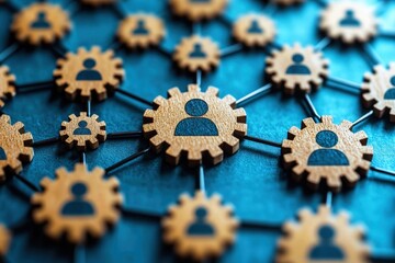 Wall Mural - interconnected network of wooden gears with user icons representing collaboration, teamwork, and soc