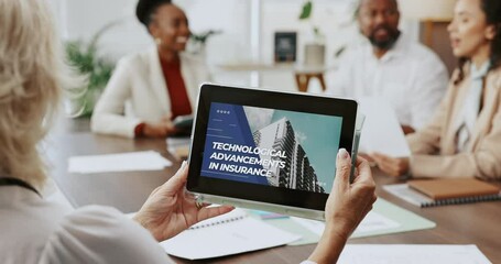 Poster - Business people, hands and woman with tablet screen, internet and presentation with website info. Employees, group and closeup in office, network and tech benefits for insurance company and app