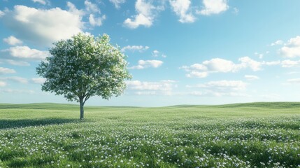 Poster - Expansive green field adorned with blooming flowers under a clear blue sky with a single tree standing proudly in the foreground