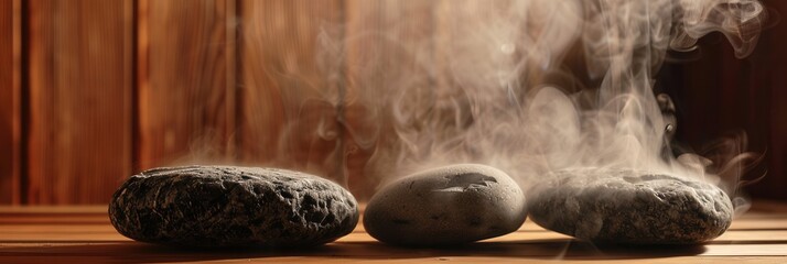 Poster - Relaxing atmosphere created by rising steam from hot stones in a cozy sauna setting promoting comfort and tranquility for visitors