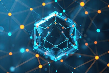 Wall Mural - Advanced Cyan Hexahedron Background Featuring Interconnected Dots and Lines for Technology and Digital Design