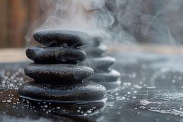 Poster - Relaxation oasis with steam rising from hot stones in a sauna, inviting a sense of peace and comfort