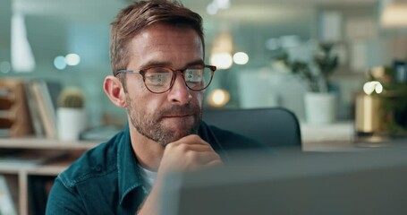 Aufkleber - Reading, analysis or businessman on laptop for research or technology for finance, bookkeeping or report. Thinking, economy news or auditor with budget for company, accounting or financial investment