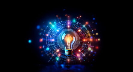 Poster - vibrant light bulb illuminates from the center, surrounded by a dynamic web of colorful lights and c