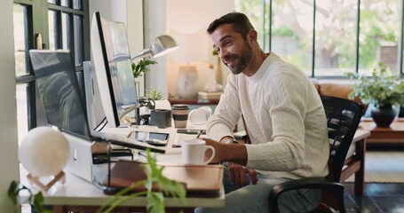 Wall Mural - computer, reading and thinking with man in home office for remote work or startup business. administ