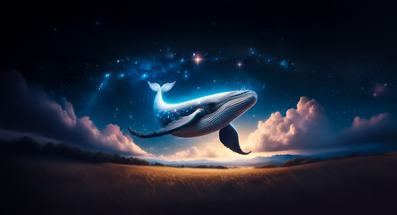 Wall Mural - a majestic whale gracefully soars through a dreamy night sky illuminated by stars, above soft clouds