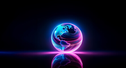 Wall Mural - a luminous globe, bathed in vibrant neon hues of blue, cyan, pink, and magenta, emits a radiant glow