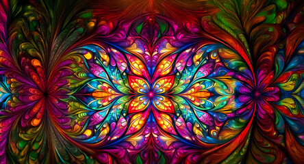 Wall Mural - a vibrant and symmetrical abstract pattern with floral elements. intricate design with kaleidoscope 