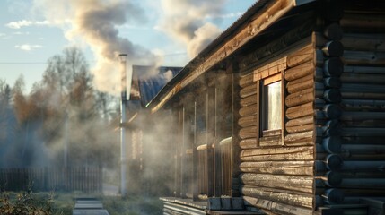Poster - Traditional Russian sauna with smoke rising from the chimney in a charming rustic setting surrounded by nature