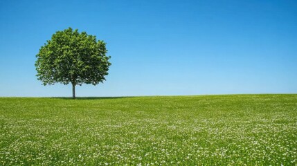 Aufkleber - Vast green field with blooming flowers under clear blue sky featuring a lone tree
