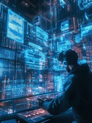 Aufkleber - Engineer creates a futuristic device while immersed in a digital workspace filled with holographic data. Generative AI